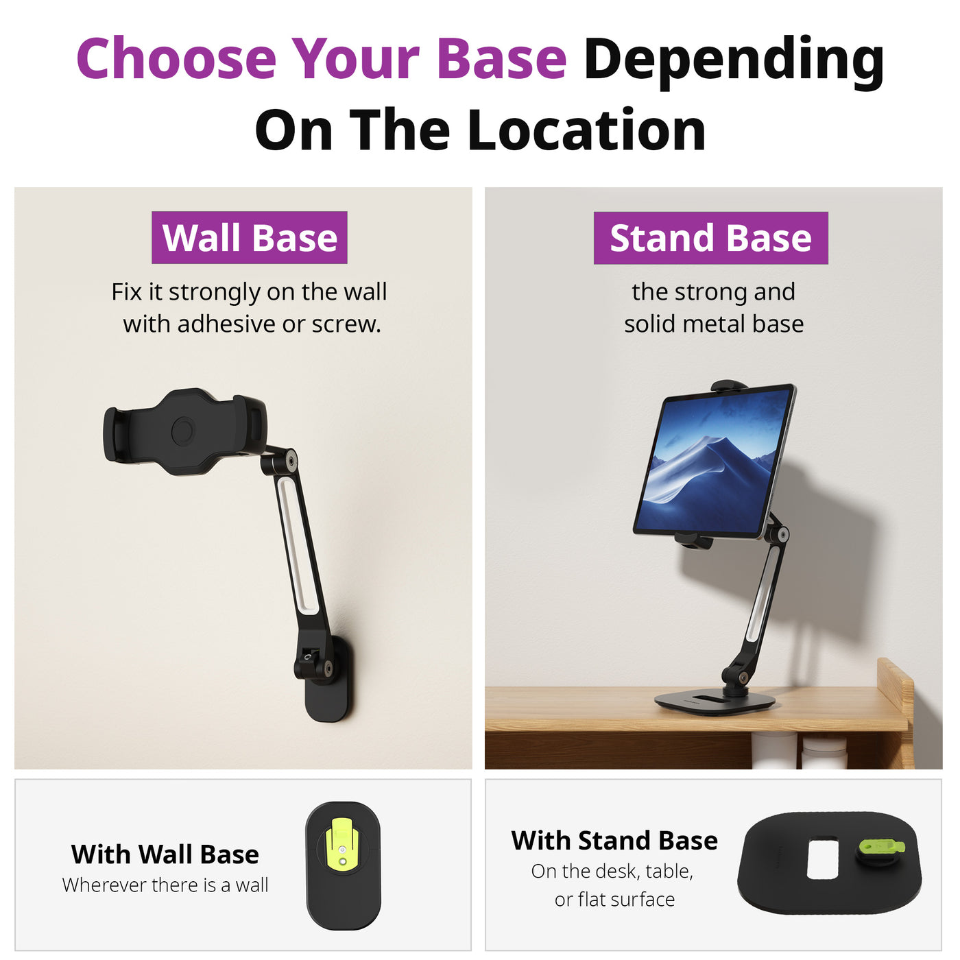 Easy Mount - Detachable Tablet & Cell Phone Holder (Long Arm / Stand Base + Wall Base)