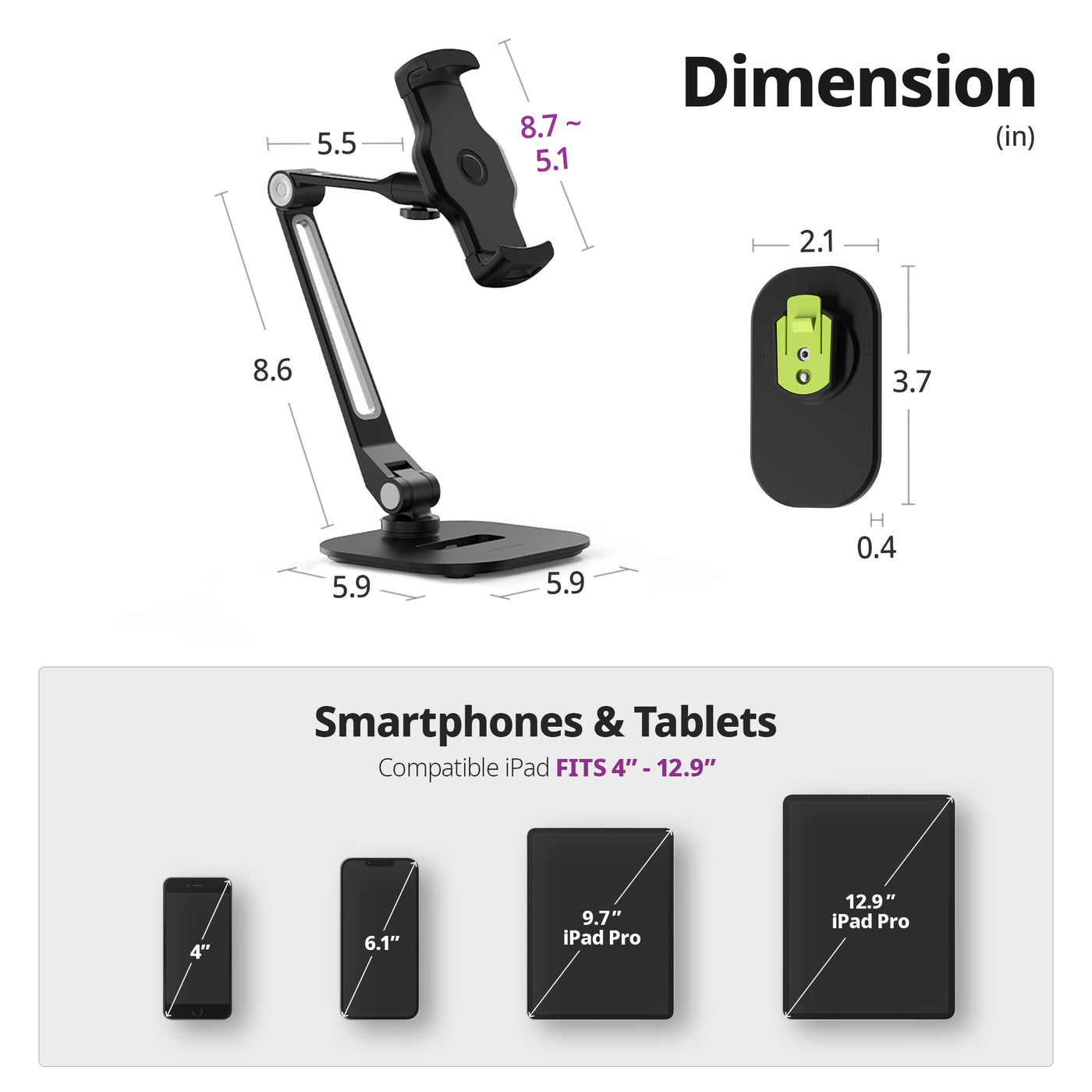 Easy Mount - Detachable Tablet & Cell Phone Holder (Long Arm / Stand Base + Wall Base)